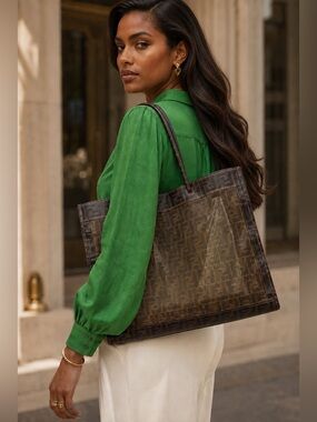 Fendi Authentic Brown Tan Zucca Mesh Tote with Matching Pouch with Entrupy COA